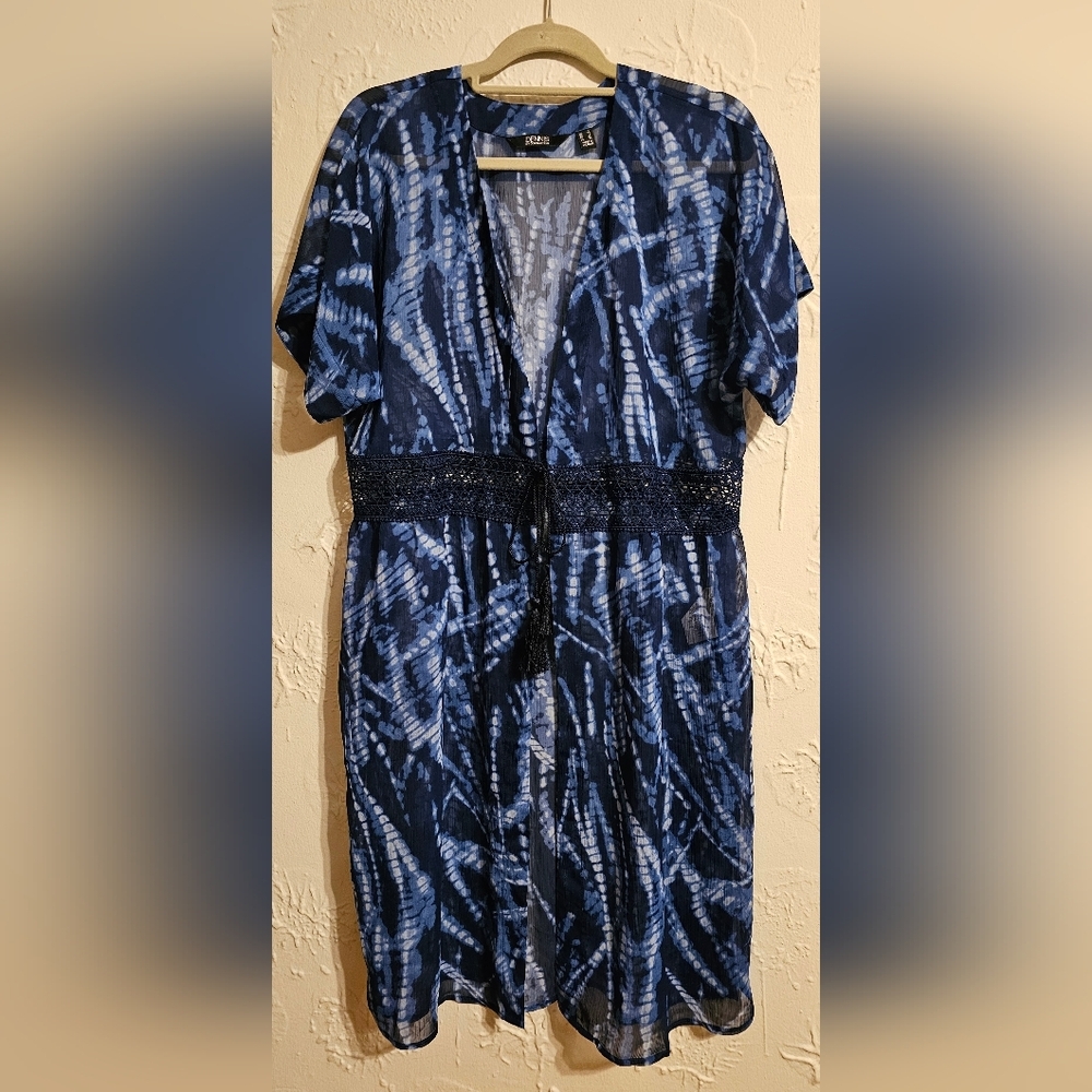 Dennis Basso Blue Print Kimono Cardigan Large NWT